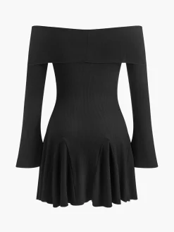 Online Off-Shoulder Flowy Knit Dress Black Dresses|Sweater Dresses