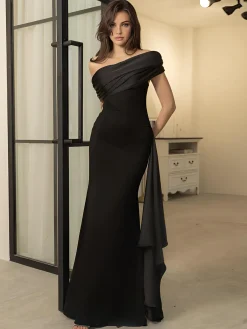 Sale Off-Shoulder Knotted Slim Long Dress Black Dresses|Cocktail & Party Dresses