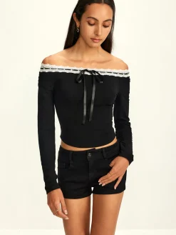 Online Off-Shoulder Lace Trim Blouse Blouses & Shirts|Tops