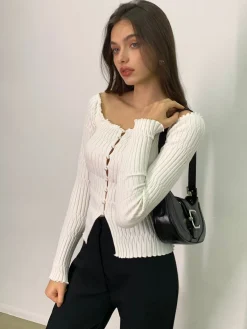 New Off-Shoulder Lettuce Trim Cardigan Cardigans|Sweaters & Cardigans