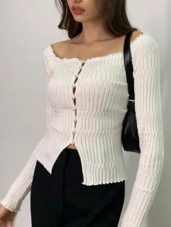 New Off-Shoulder Lettuce Trim Cardigan Cardigans|Sweaters & Cardigans