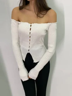 New Off-Shoulder Lettuce Trim Cardigan Cardigans|Sweaters & Cardigans