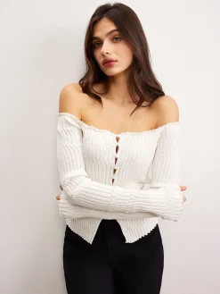 New Off-Shoulder Lettuce Trim Cardigan Cardigans|Sweaters & Cardigans