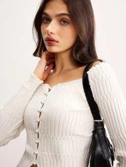 New Off-Shoulder Lettuce Trim Cardigan Cardigans|Sweaters & Cardigans