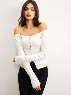 New Off-Shoulder Lettuce Trim Cardigan Cardigans|Sweaters & Cardigans