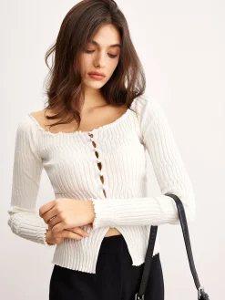 New Off-Shoulder Lettuce Trim Cardigan Cardigans|Sweaters & Cardigans