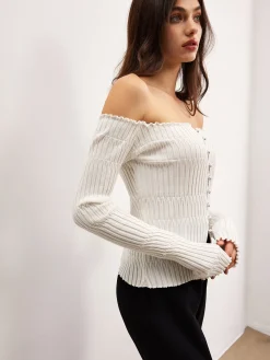 New Off-Shoulder Lettuce Trim Cardigan Cardigans|Sweaters & Cardigans