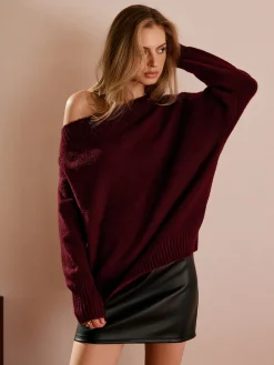 Hot Off-Shoulder Plain Draped Sweater Sweater Tops|Sweaters & Cardigans