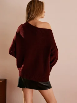 Hot Off-Shoulder Plain Draped Sweater Sweater Tops|Sweaters & Cardigans