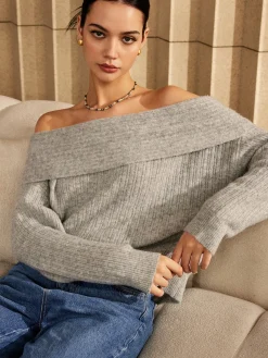 Outlet Off-Shoulder Plain Sweater Sweater Tops|Sweaters & Cardigans