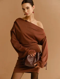 Clearance Off-Shoulder Pleated Jersey Short Dress Casual Dresses|Work Dresses