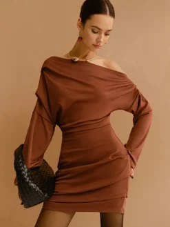 Clearance Off-Shoulder Pleated Jersey Short Dress Casual Dresses|Work Dresses