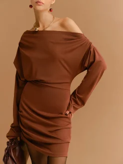 Clearance Off-Shoulder Pleated Jersey Short Dress Casual Dresses|Work Dresses