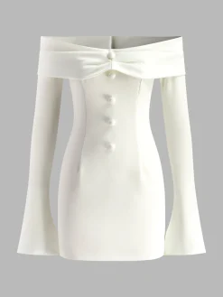 New Off-Shoulder Pleated Piping Short Dress White Dresses|Casual Dresses