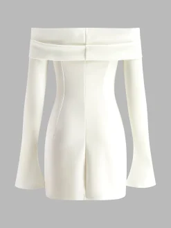 New Off-Shoulder Pleated Piping Short Dress White Dresses|Casual Dresses