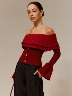 New Off-Shoulder Pleated Ruffle Slim Sweater Sweater Tops|Sweaters & Cardigans