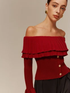 New Off-Shoulder Pleated Ruffle Slim Sweater Sweater Tops|Sweaters & Cardigans