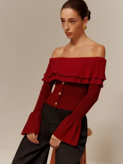 New Off-Shoulder Pleated Ruffle Slim Sweater Sweater Tops|Sweaters & Cardigans