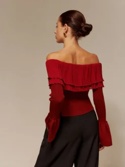 New Off-Shoulder Pleated Ruffle Slim Sweater Sweater Tops|Sweaters & Cardigans