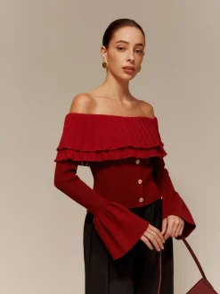 New Off-Shoulder Pleated Ruffle Slim Sweater Sweater Tops|Sweaters & Cardigans