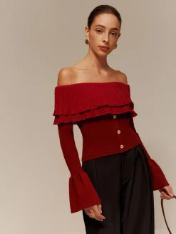 New Off-Shoulder Pleated Ruffle Slim Sweater Sweater Tops|Sweaters & Cardigans