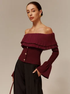 Best Off-Shoulder Pleated Ruffle Slim Sweater Sweater Tops|Sweaters & Cardigans