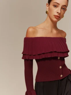 Best Off-Shoulder Pleated Ruffle Slim Sweater Sweater Tops|Sweaters & Cardigans
