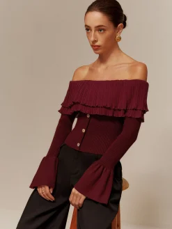 Best Off-Shoulder Pleated Ruffle Slim Sweater Sweater Tops|Sweaters & Cardigans