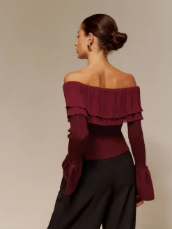 Best Off-Shoulder Pleated Ruffle Slim Sweater Sweater Tops|Sweaters & Cardigans
