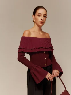 Best Off-Shoulder Pleated Ruffle Slim Sweater Sweater Tops|Sweaters & Cardigans