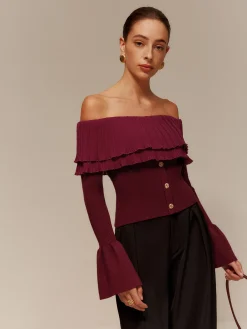 Best Off-Shoulder Pleated Ruffle Slim Sweater Sweater Tops|Sweaters & Cardigans