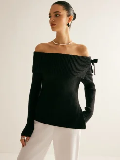 Off-Shoulder Ribbed Bow Slit Sweater Sweater Tops|Sweaters & Cardigans