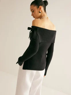 Off-Shoulder Ribbed Bow Slit Sweater Sweater Tops|Sweaters & Cardigans