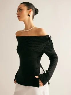 Off-Shoulder Ribbed Bow Slit Sweater Sweater Tops|Sweaters & Cardigans