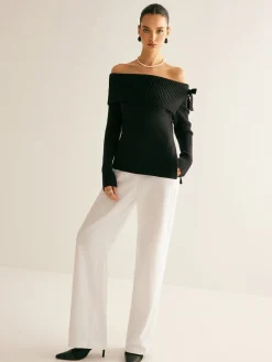 Off-Shoulder Ribbed Bow Slit Sweater Sweater Tops|Sweaters & Cardigans