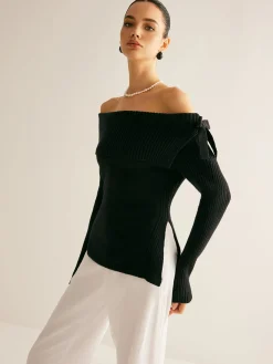 Off-Shoulder Ribbed Bow Slit Sweater Sweater Tops|Sweaters & Cardigans