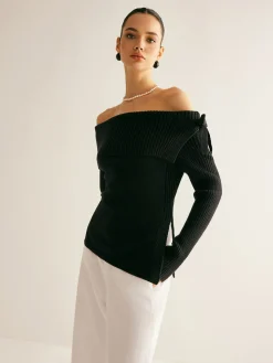 Off-Shoulder Ribbed Bow Slit Sweater Sweater Tops|Sweaters & Cardigans
