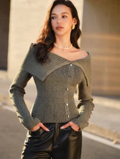 Best Off-Shoulder Ribbed Skinny Knit Top Sweater Tops|Sweaters & Cardigans