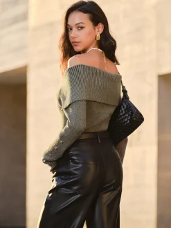 Best Off-Shoulder Ribbed Skinny Knit Top Sweater Tops|Sweaters & Cardigans