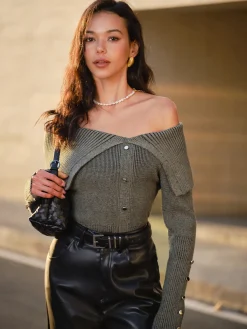 Best Off-Shoulder Ribbed Skinny Knit Top Sweater Tops|Sweaters & Cardigans