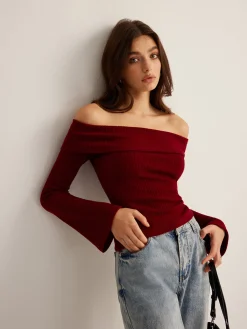 Clearance Off-Shoulder Ribbed Slim Top T-shirts|Tops
