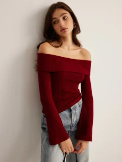Clearance Off-Shoulder Ribbed Slim Top T-shirts|Tops