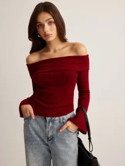 Clearance Off-Shoulder Ribbed Slim Top T-shirts|Tops