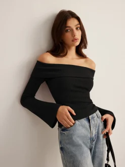 Clearance Off-Shoulder Ribbed Slim Top T-shirts|Tops