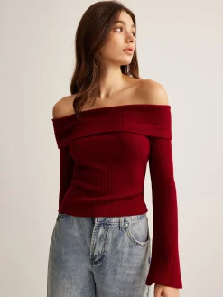 Discount Off-Shoulder Ribbed Slim Top T-shirts|Tops