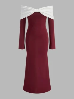 New Off-Shoulder Ruched Bell-Sleeve Dress Black Dresses|Casual Dresses