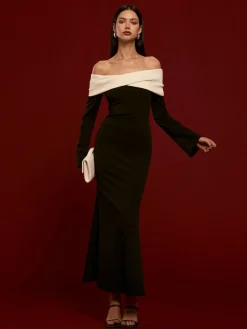 Discount Off-Shoulder Ruched Bell-Sleeve Dress Casual Dresses|Cocktail & Party Dresses