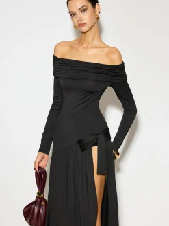 Outlet Off-Shoulder Ruched Bow Split Dress Dresses