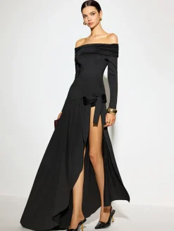 Outlet Off-Shoulder Ruched Bow Split Dress Dresses