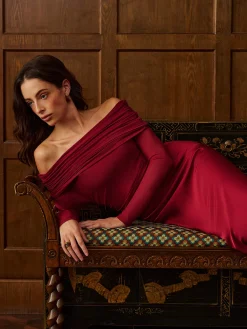 Discount Off-Shoulder Ruched Satin Panel Dress Dresses